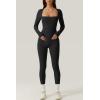 imageQINSEN Womens Sexy Square Neck Long Sleeve Full Length Leggings Bodycon Stretch JumpsuitBlack