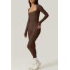 imageQINSEN Womens Sexy Square Neck Long Sleeve Full Length Leggings Bodycon Stretch JumpsuitBrown