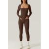 imageQINSEN Womens Sexy Square Neck Long Sleeve Full Length Leggings Bodycon Stretch JumpsuitBrown