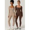 imageQINSEN Womens Sexy Square Neck Long Sleeve Full Length Leggings Bodycon Stretch JumpsuitCococa Cream