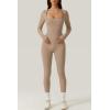 imageQINSEN Womens Sexy Square Neck Long Sleeve Full Length Leggings Bodycon Stretch JumpsuitCococa Cream