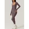 imageQINSEN Womens Sexy Square Neck Long Sleeve Full Length Leggings Bodycon Stretch JumpsuitDark Grey