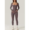 imageQINSEN Womens Sexy Square Neck Long Sleeve Full Length Leggings Bodycon Stretch JumpsuitDark Grey