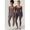 imageQINSEN Womens Sexy Square Neck Long Sleeve Full Length Leggings Bodycon Stretch JumpsuitLight Black