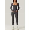 imageQINSEN Womens Sexy Square Neck Long Sleeve Full Length Leggings Bodycon Stretch JumpsuitLight Black
