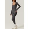 imageQINSEN Womens Sexy Square Neck Long Sleeve Full Length Leggings Bodycon Stretch JumpsuitLight Black