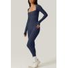 imageQINSEN Womens Sexy Square Neck Long Sleeve Full Length Leggings Bodycon Stretch JumpsuitNavy Blue