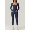 imageQINSEN Womens Sexy Square Neck Long Sleeve Full Length Leggings Bodycon Stretch JumpsuitNavy Blue