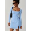 imageQINSEN Womens Square Neck Bodice Dress Long Sleeve Side Slit Flare Mini DressesAiry Blue