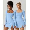 imageQINSEN Womens Square Neck Bodice Dress Long Sleeve Side Slit Flare Mini DressesAiry Blue