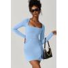 imageQINSEN Womens Square Neck Bodice Dress Long Sleeve Side Slit Flare Mini DressesAiry Blue
