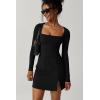 imageQINSEN Womens Square Neck Bodice Dress Long Sleeve Side Slit Flare Mini DressesBlack