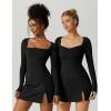 imageQINSEN Womens Square Neck Bodice Dress Long Sleeve Side Slit Flare Mini DressesBlack