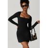 imageQINSEN Womens Square Neck Bodice Dress Long Sleeve Side Slit Flare Mini DressesBlack