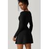 imageQINSEN Womens Square Neck Bodice Dress Long Sleeve Side Slit Flare Mini DressesBlack