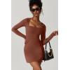 imageQINSEN Womens Square Neck Bodice Dress Long Sleeve Side Slit Flare Mini DressesCarob Brown