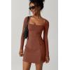 imageQINSEN Womens Square Neck Bodice Dress Long Sleeve Side Slit Flare Mini DressesCarob Brown