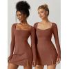 imageQINSEN Womens Square Neck Bodice Dress Long Sleeve Side Slit Flare Mini DressesCarob Brown