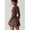 imageQINSEN Womens Square Neck Bodice Dress Long Sleeve Side Slit Flare Mini DressesChestnut