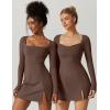 imageQINSEN Womens Square Neck Bodice Dress Long Sleeve Side Slit Flare Mini DressesChestnut