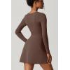 imageQINSEN Womens Square Neck Bodice Dress Long Sleeve Side Slit Flare Mini DressesChestnut