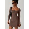 imageQINSEN Womens Square Neck Bodice Dress Long Sleeve Side Slit Flare Mini DressesChestnut
