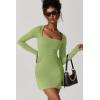 imageQINSEN Womens Square Neck Bodice Dress Long Sleeve Side Slit Flare Mini DressesLight Green