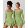 imageQINSEN Womens Square Neck Bodice Dress Long Sleeve Side Slit Flare Mini DressesLight Green