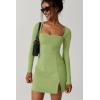 imageQINSEN Womens Square Neck Bodice Dress Long Sleeve Side Slit Flare Mini DressesLight Green