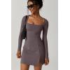 imageQINSEN Womens Square Neck Bodice Dress Long Sleeve Side Slit Flare Mini DressesTea Leaf
