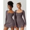 imageQINSEN Womens Square Neck Bodice Dress Long Sleeve Side Slit Flare Mini DressesTea Leaf