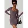 imageQINSEN Womens Square Neck Bodice Dress Long Sleeve Side Slit Flare Mini DressesTea Leaf