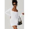 imageQINSEN Womens Square Neck Bodice Dress Long Sleeve Side Slit Flare Mini DressesWhite
