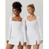 imageQINSEN Womens Square Neck Bodice Dress Long Sleeve Side Slit Flare Mini DressesWhite
