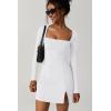 imageQINSEN Womens Square Neck Bodice Dress Long Sleeve Side Slit Flare Mini DressesWhite