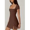 imageQINSEN Womens Square Neck Tennis Dress Short Sleeve Built in Shorts Golf Athletic Dress with PocketsChestnut