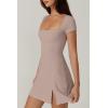 imageQINSEN Womens Square Neck Tennis Dress Short Sleeve Built in Shorts Golf Athletic Dress with PocketsRose Taupe