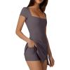 imageQINSEN Womens Square Neck Tennis Dress Short Sleeve Built in Shorts Golf Athletic Dress with PocketsTea Leaf