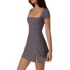 imageQINSEN Womens Square Neck Tennis Dress Short Sleeve Built in Shorts Golf Athletic Dress with PocketsTea Leaf