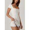 imageQINSEN Womens Square Neck Tennis Dress Short Sleeve Built in Shorts Golf Athletic Dress with PocketsWhite