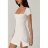 imageQINSEN Womens Square Neck Tennis Dress Short Sleeve Built in Shorts Golf Athletic Dress with PocketsWhite