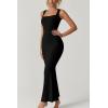 imageQINSEN Womens Square Neck with Lace Detail Long Maxi Dress Sleeveless Lounge Ribbed Full Length DressesBlack