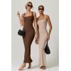 imageQINSEN Womens Square Neck with Lace Detail Long Maxi Dress Sleeveless Lounge Ribbed Full Length DressesBrown