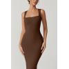 imageQINSEN Womens Square Neck with Lace Detail Long Maxi Dress Sleeveless Lounge Ribbed Full Length DressesBrown