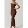 imageQINSEN Womens Square Neck with Lace Detail Long Maxi Dress Sleeveless Lounge Ribbed Full Length DressesBrown