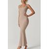 imageQINSEN Womens Square Neck with Lace Detail Long Maxi Dress Sleeveless Lounge Ribbed Full Length DressesKhaki