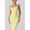 imageQINSEN Womens Square Neck with Lace Detail Long Maxi Dress Sleeveless Lounge Ribbed Full Length DressesLemon Yellow