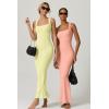 imageQINSEN Womens Square Neck with Lace Detail Long Maxi Dress Sleeveless Lounge Ribbed Full Length DressesLemon Yellow