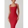 imageQINSEN Womens Square Neck with Lace Detail Long Maxi Dress Sleeveless Lounge Ribbed Full Length DressesRed