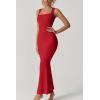 imageQINSEN Womens Square Neck with Lace Detail Long Maxi Dress Sleeveless Lounge Ribbed Full Length DressesRed